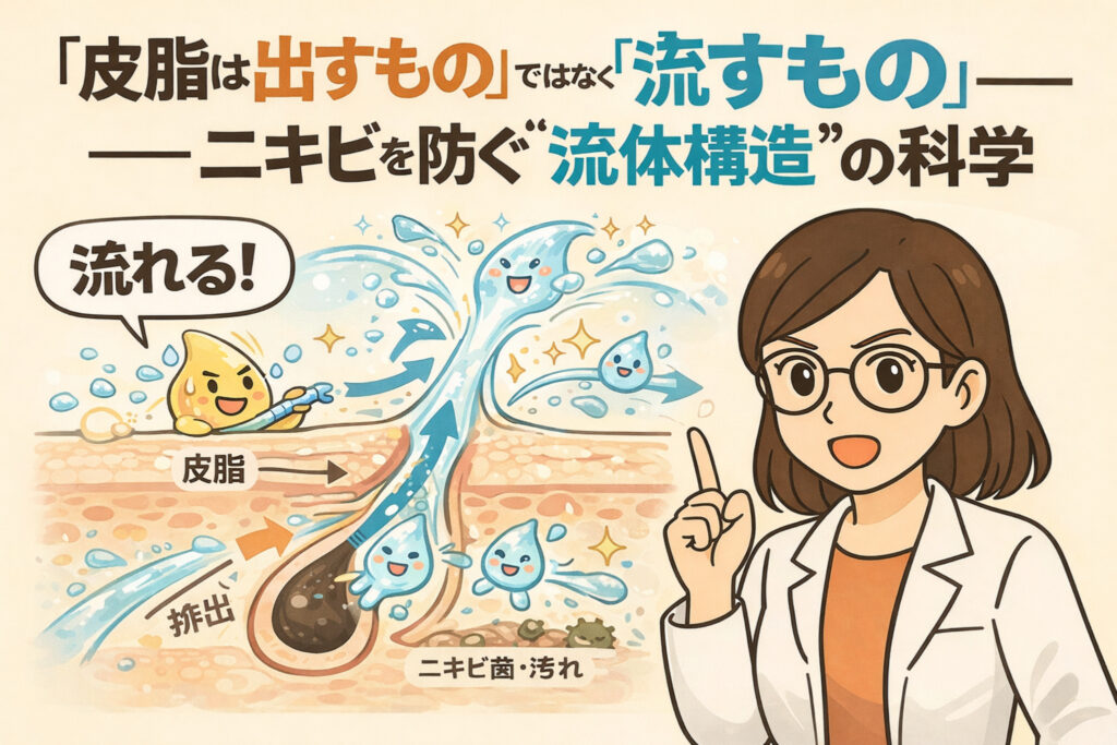 皮脂は「出すもの」ではなく「流すもの」という考え方を、毛穴内の流体構造で解説した図解イラスト。皮脂が滞らずに流れることで、ニキビ菌や汚れが排出され、ニキビ予防につながる仕組みを、擬人化キャラクターと解説役の女性で表現している。