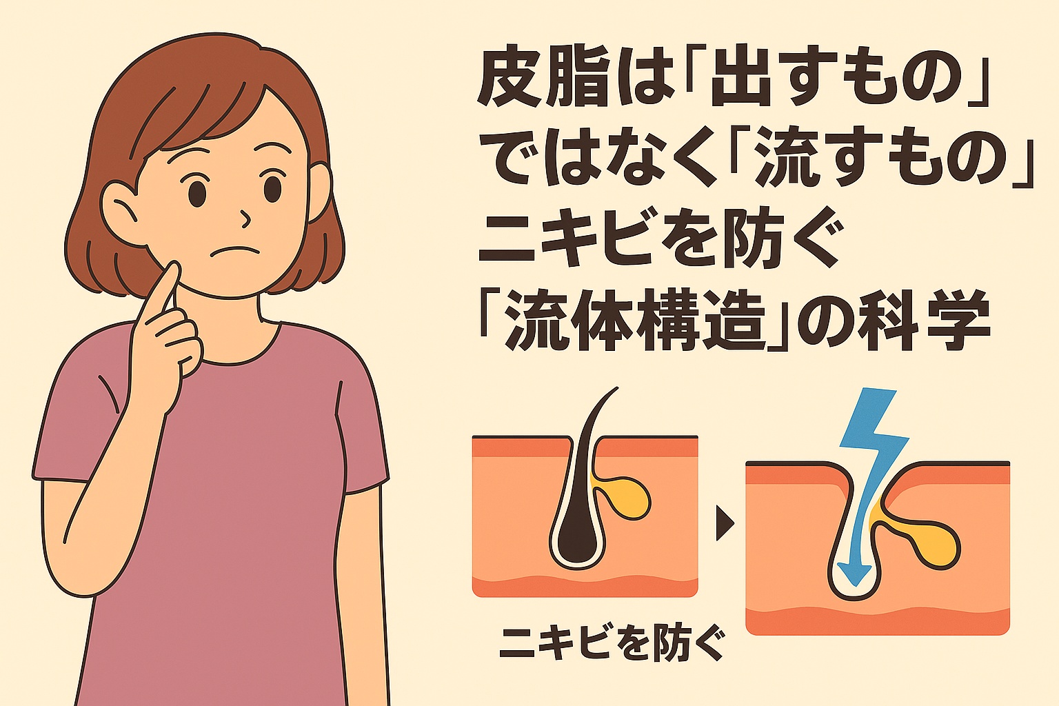 頬に手を当てて考える女性のイラスト。右側には「皮脂は『出すもの』ではなく『流すもの』──ニキビを防ぐ“流体構造”の科学」と書かれ、毛穴断面図で皮脂が詰まっている状態と、スムーズに流れている状態を矢印で対比して示している。