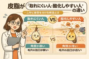 皮脂が取れにくい人と酸化しやすい人の違いを、毛穴構造の比較で解説した図解イラスト。角質の厚さや毛穴出口の広さの違いが、ニキビ体質や角栓化の起こりやすさに影響する仕組みを分かりやすく示している。
