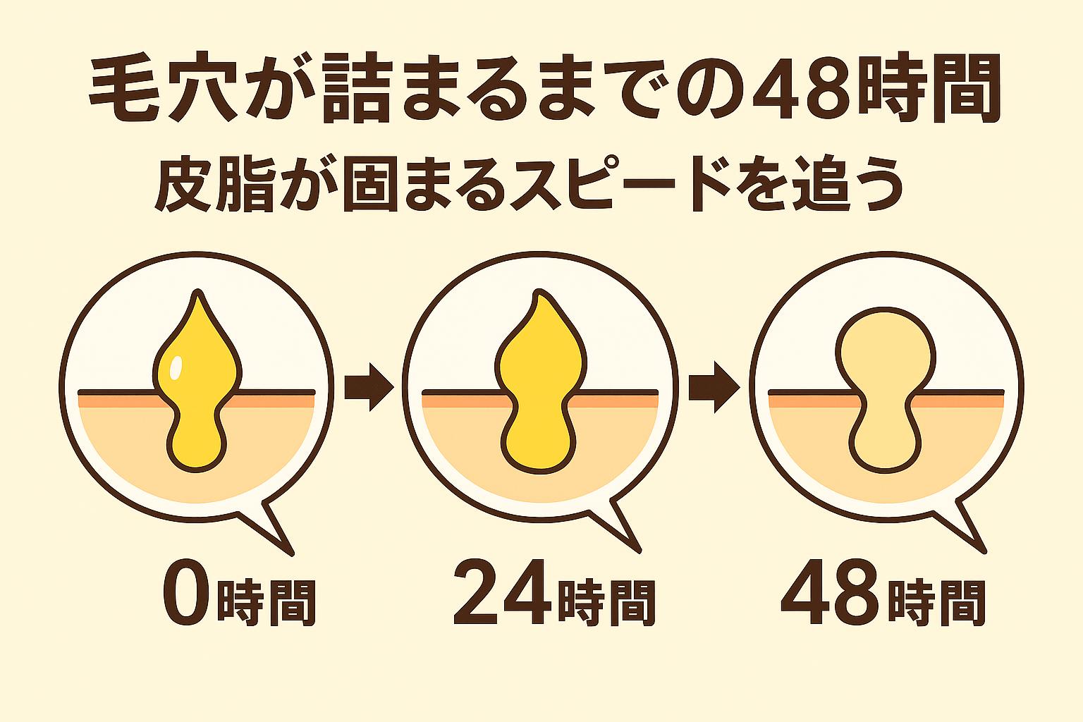 毛穴が詰まるまでの48時間を示す図解。皮脂が分泌された直後（0時間）から24時間で酸化が進み、48時間後には固まり角栓化する様子を3段階で表したイラスト。
