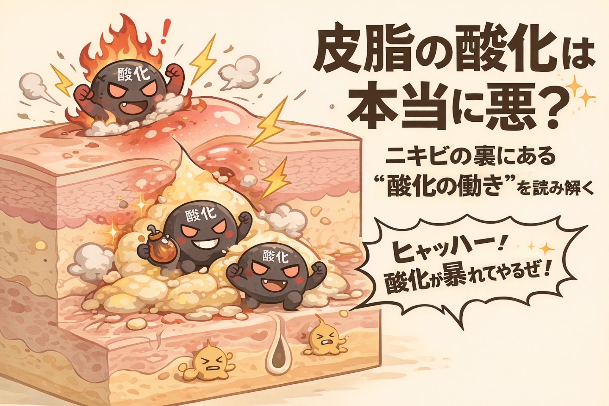 皮脂の酸化は本当に悪なのかを解説する図解イラスト。毛穴内部で皮脂が酸化し、ニキビの炎症につながる一方で、防御反応として働く側面もあることを、擬人化された「酸化キャラ」と皮膚断面図で表現している。