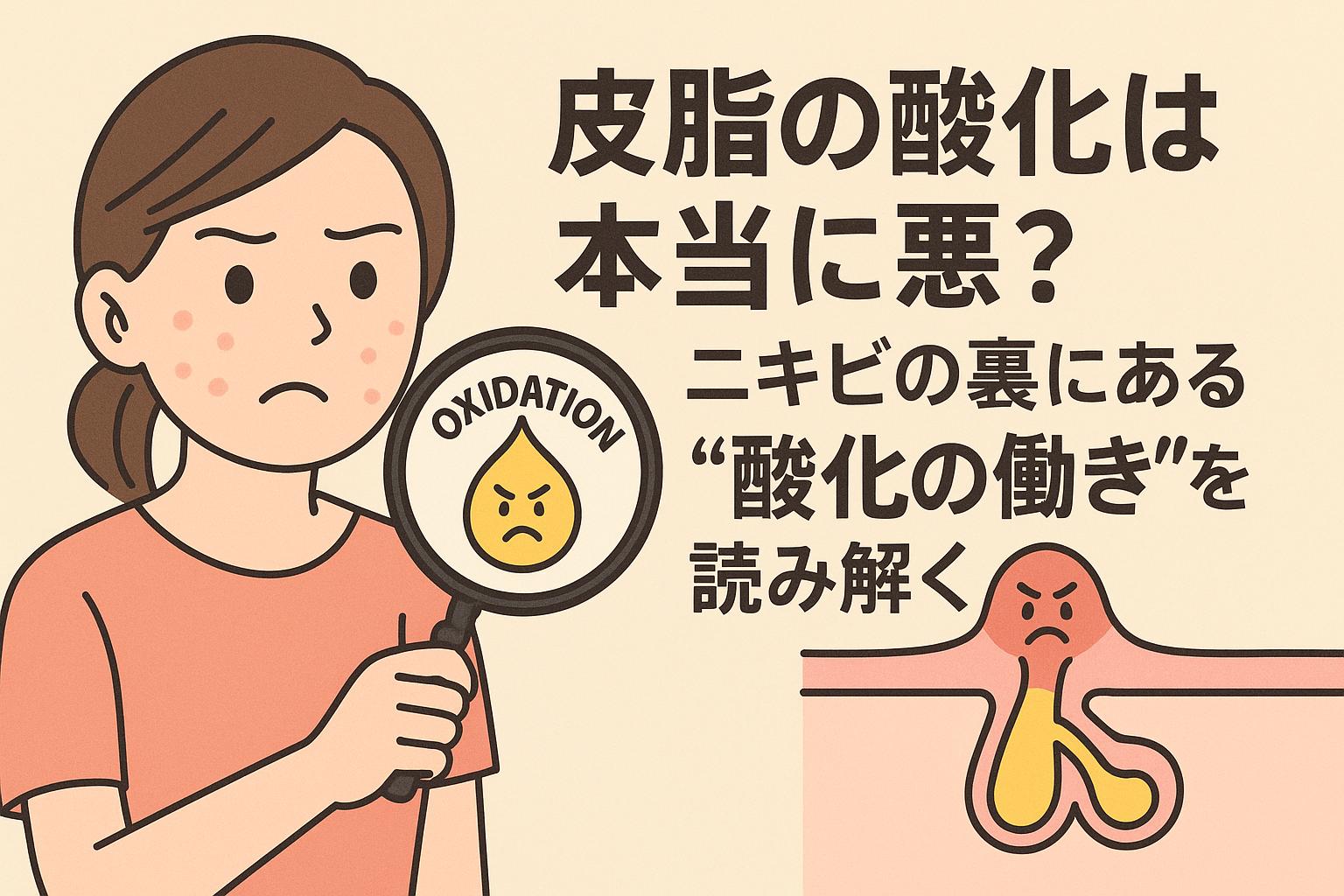 皮脂の酸化をテーマに、ニキビの原因を拡大鏡で観察する女性のイラスト。肌断面に酸化した皮脂を描き、「酸化の働き」を解説する教育的ビジュアル。