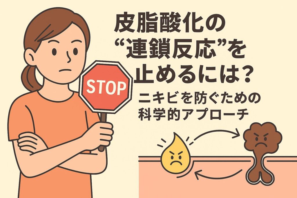 皮脂酸化の連鎖反応を止めることをテーマにした教育的イラスト。女性がSTOPサインを持ち、皮脂が酸化して黒ずみに変化する流れを断ち切る科学的アプローチを表現。