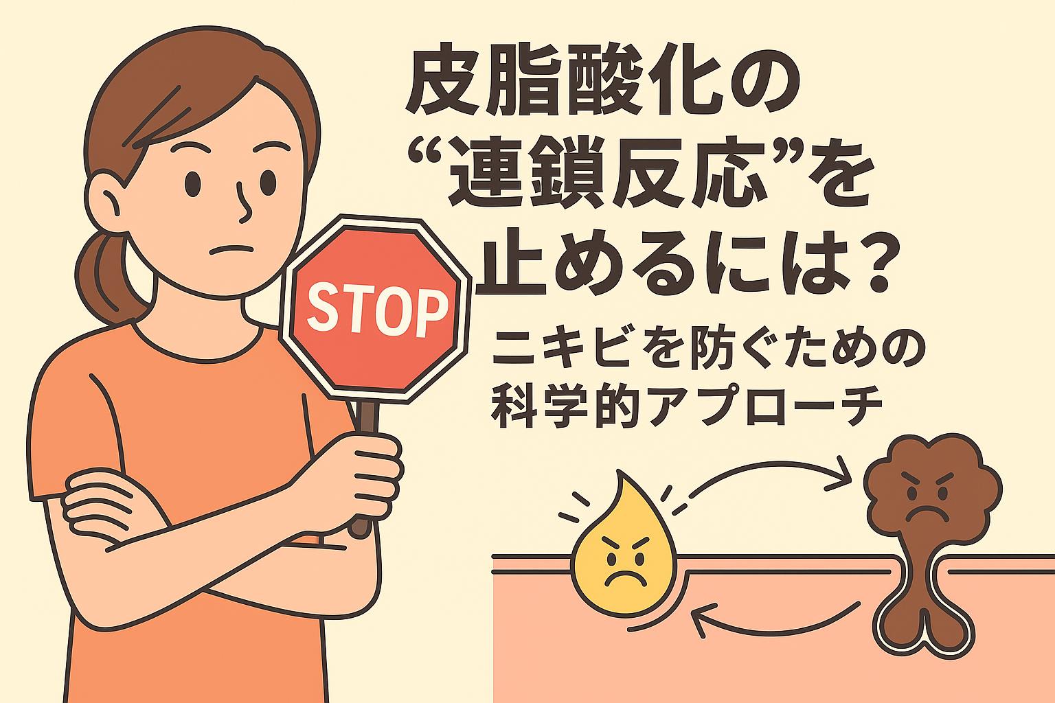 皮脂酸化の連鎖反応を止めることをテーマにした教育的イラスト。女性がSTOPサインを持ち、皮脂が酸化して黒ずみに変化する流れを断ち切る科学的アプローチを表現。