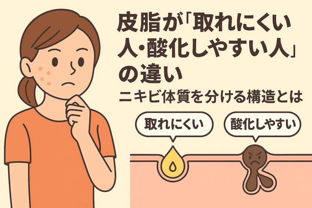 皮脂が「取れにくい人」と「酸化しやすい人」の違いを図解した教育的イラスト。女性が考える表情で肌構造を見つめ、皮脂の残留と酸化を対比して説明している。