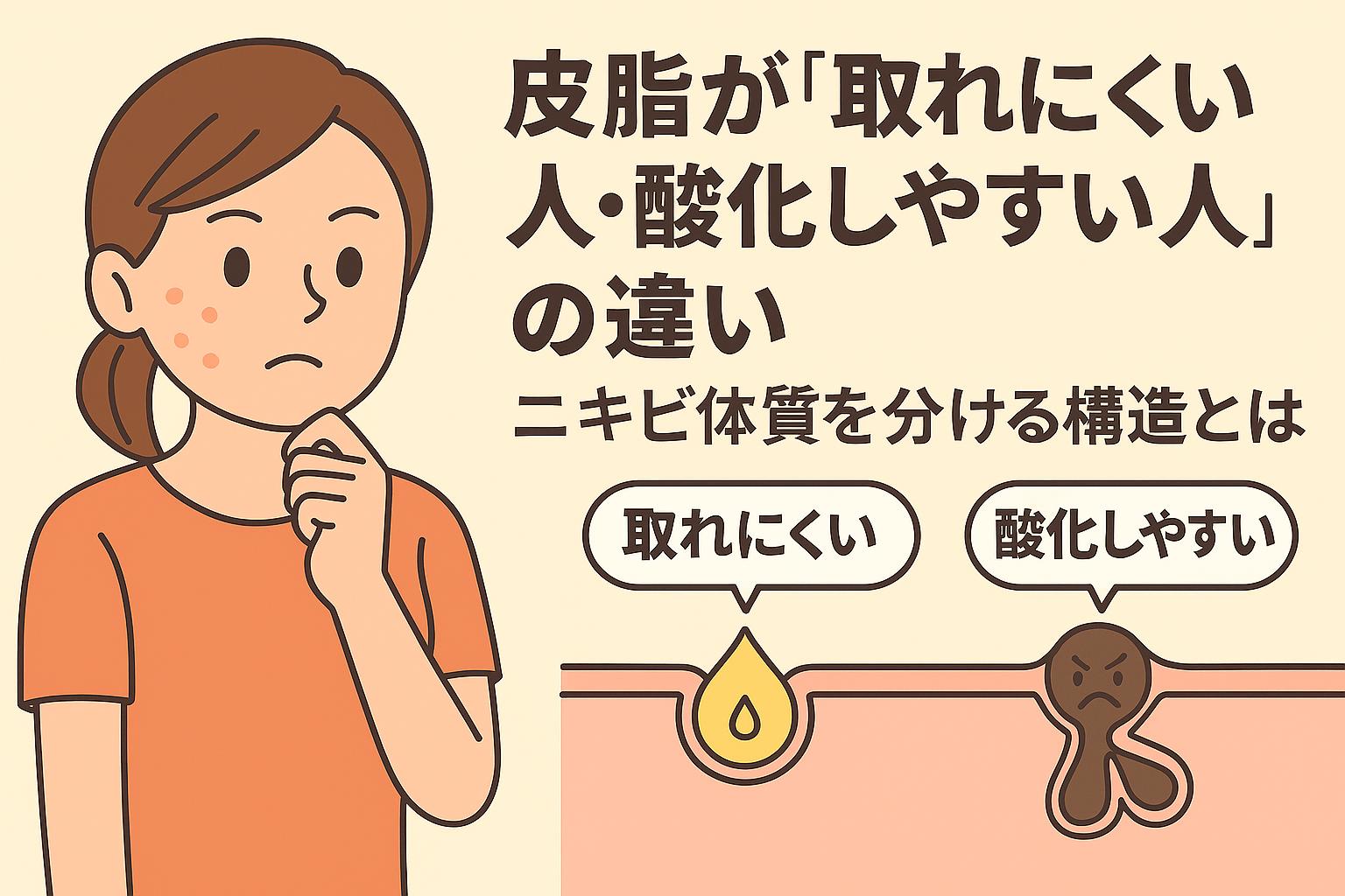 皮脂が「取れにくい人」と「酸化しやすい人」の違いを図解した教育的イラスト。女性が考える表情で肌構造を見つめ、皮脂の残留と酸化を対比して説明している。
