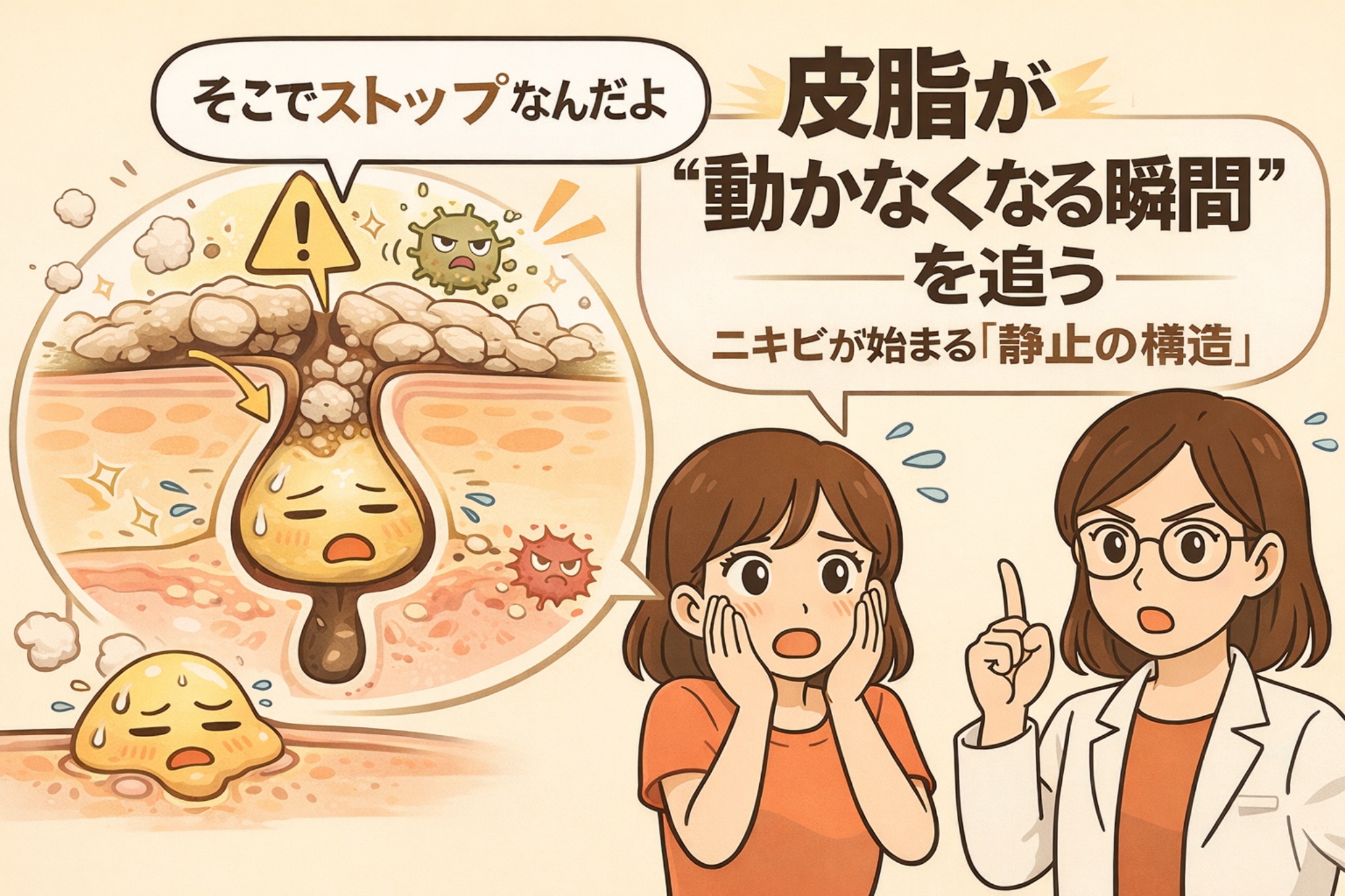 皮脂が動かなくなった瞬間にニキビが始まる仕組みを解説するイラスト。毛穴内で皮脂の流れが止まり、滞留・詰まりが起点となって炎症へ進行する「静止の構造」を、断面図と驚く女性、白衣の解説キャラクターが分かりやすく示している。