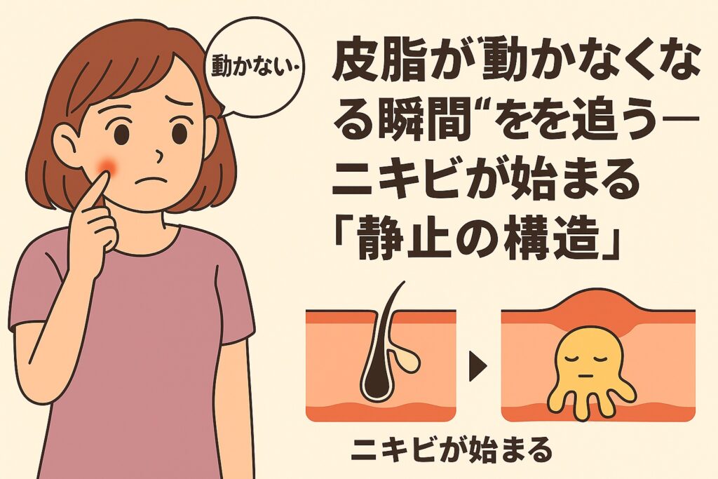 頬のニキビを触りながら「動かない…」とつぶやく女性のイラスト。右側には「皮脂が“動かなくなる瞬間”を追う──ニキビが始まる『静止の構造』」と書かれ、肌断面図で正常な皮脂の流れと、詰まりによって動かなくなる皮脂を対比的に示している。