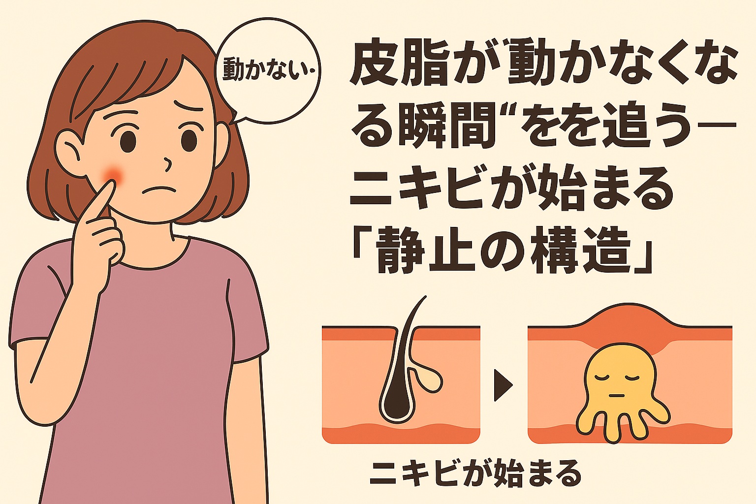 頬のニキビを触りながら「動かない…」とつぶやく女性のイラスト。右側には「皮脂が“動かなくなる瞬間”を追う──ニキビが始まる『静止の構造』」と書かれ、肌断面図で正常な皮脂の流れと、詰まりによって動かなくなる皮脂を対比的に示している。
