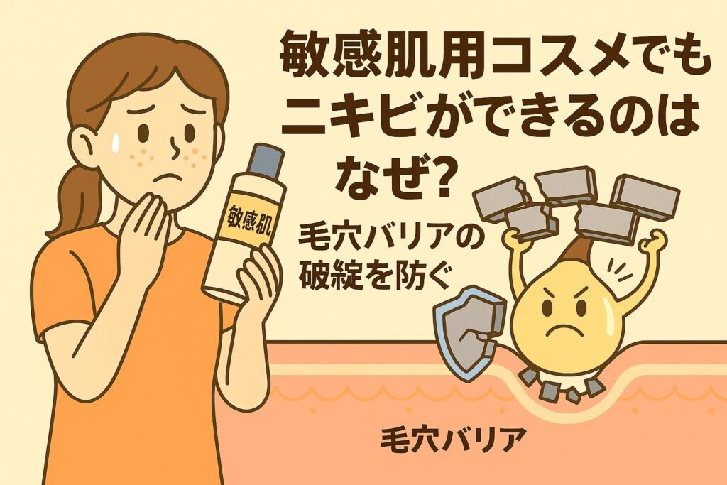 敏感肌用コスメを手に不安そうに頬を触る女性と、壊れかけた毛穴バリアを支えようと奮闘するキャラクターが描かれたイラスト。毛穴構造の中でバリア崩壊を防ぐ重要性をわかりやすく表現した日本の2Dアニメ風デザイン。