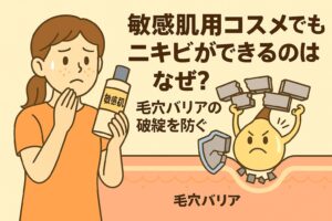敏感肌用コスメを手に不安そうに頬を触る女性と、壊れかけた毛穴バリアを支えようと奮闘するキャラクターが描かれたイラスト。毛穴構造の中でバリア崩壊を防ぐ重要性をわかりやすく表現した日本の2Dアニメ風デザイン。