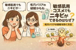 敏感肌用コスメを使っているのにニキビができる理由として、毛穴バリアの破綻を解説した図解イラスト。赤みやニキビに悩む女性と、白衣の専門家が「毛穴バリアの破綻かも」と説明する構図で、刺激によって毛穴バリアが弱まり、皮脂や菌が侵入して炎症が起こる仕組みを毛穴断面と擬人化キャラクターで視覚的に表現している。