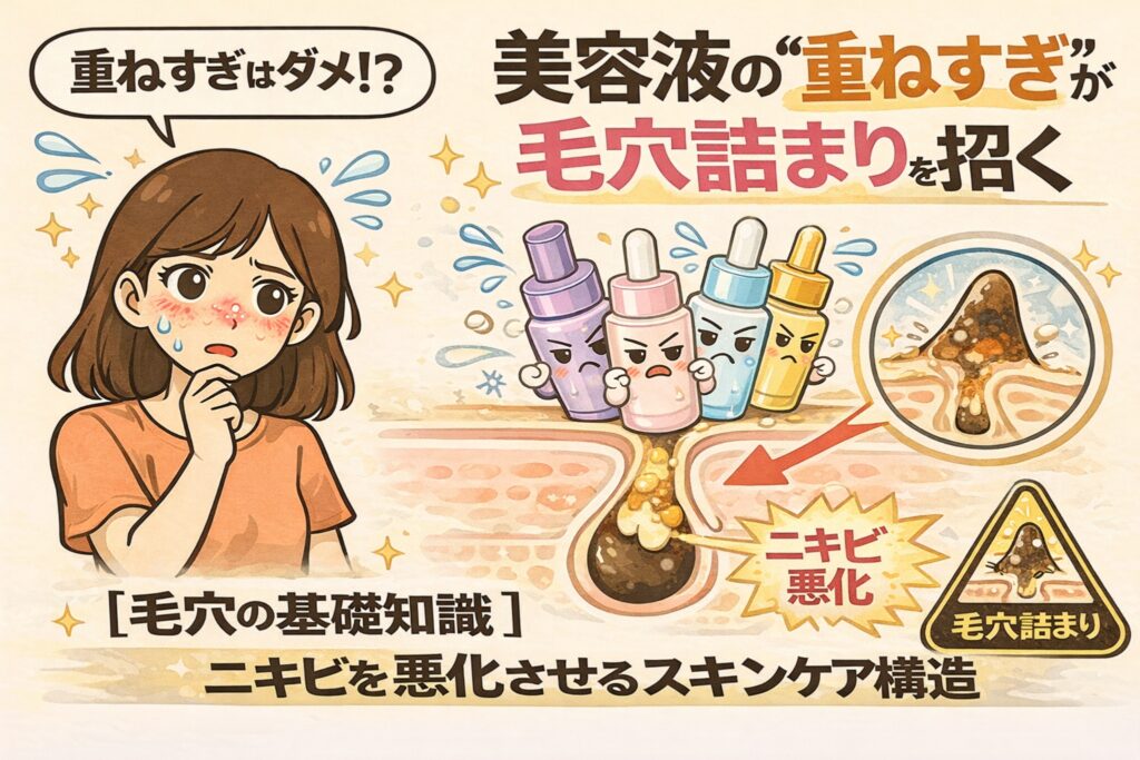 美容液の重ねすぎによる毛穴詰まりを解説する図解イラスト。複数の美容液ボトルが重なって肌に乗り、毛穴内部に角栓がたまる様子を断面図で表現している。左側にはスキンケアに悩む女性が描かれ、右側には毛穴詰まりやニキビ悪化の警告アイコンが配置されている。毛穴の基礎知識として、過剰な重ね塗りがニキビを悪化させる構造を伝えるビジュアル。