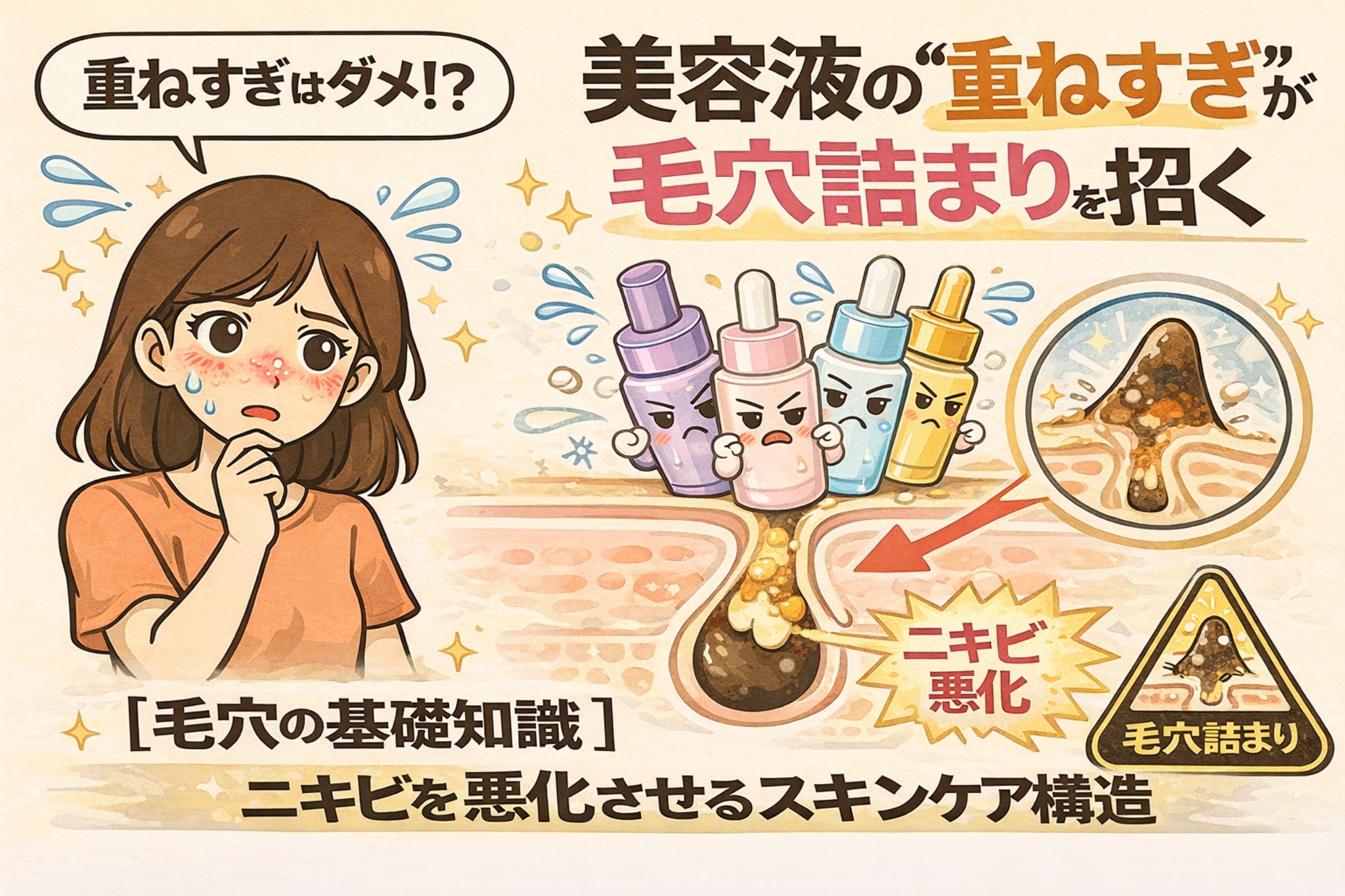 美容液の重ねすぎによる毛穴詰まりを解説する図解イラスト。複数の美容液ボトルが重なって肌に乗り、毛穴内部に角栓がたまる様子を断面図で表現している。左側にはスキンケアに悩む女性が描かれ、右側には毛穴詰まりやニキビ悪化の警告アイコンが配置されている。毛穴の基礎知識として、過剰な重ね塗りがニキビを悪化させる構造を伝えるビジュアル。