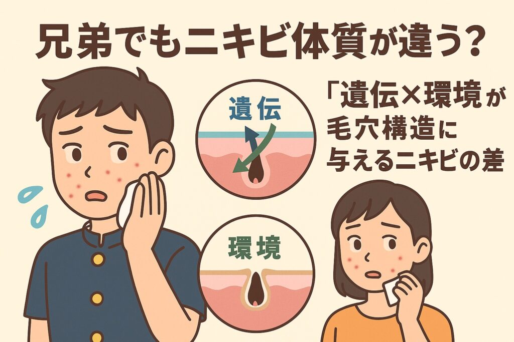 代替テキスト（Altテキスト）： 兄弟でもニキビ体質が異なる理由を描いたイラスト。学生服の男子と女子がそれぞれ頬のニキビを気にしている。中央の毛穴断面図には「遺伝」と「環境」という2つの要素が描かれ、遺伝要因と生活環境の違いが毛穴構造や皮脂分泌に影響することを示している。テキストには「兄弟でもニキビ体質が違う？『遺伝×環境が毛穴構造に与えるニキビの差』」と記載されている。