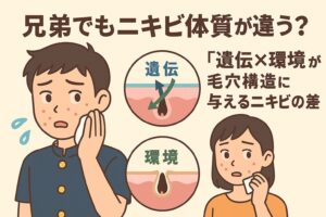 代替テキスト（Altテキスト）： 兄弟でもニキビ体質が異なる理由を描いたイラスト。学生服の男子と女子がそれぞれ頬のニキビを気にしている。中央の毛穴断面図には「遺伝」と「環境」という2つの要素が描かれ、遺伝要因と生活環境の違いが毛穴構造や皮脂分泌に影響することを示している。テキストには「兄弟でもニキビ体質が違う？『遺伝×環境が毛穴構造に与えるニキビの差』」と記載されている。