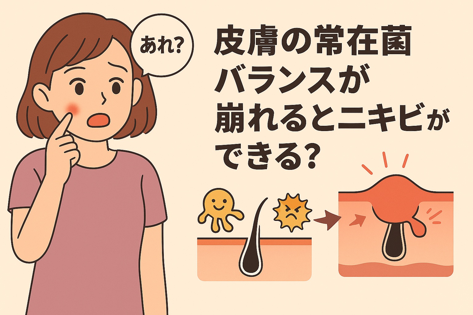頬にニキビができた女性が「あれ？」と不思議そうに触るイラスト。右側には「皮膚の常在菌バランスが崩れるとニキビができる？」と書かれ、毛穴断面図で善玉菌と悪玉菌のバランスが崩れて炎症が起こる様子をわかりやすく描いている。
