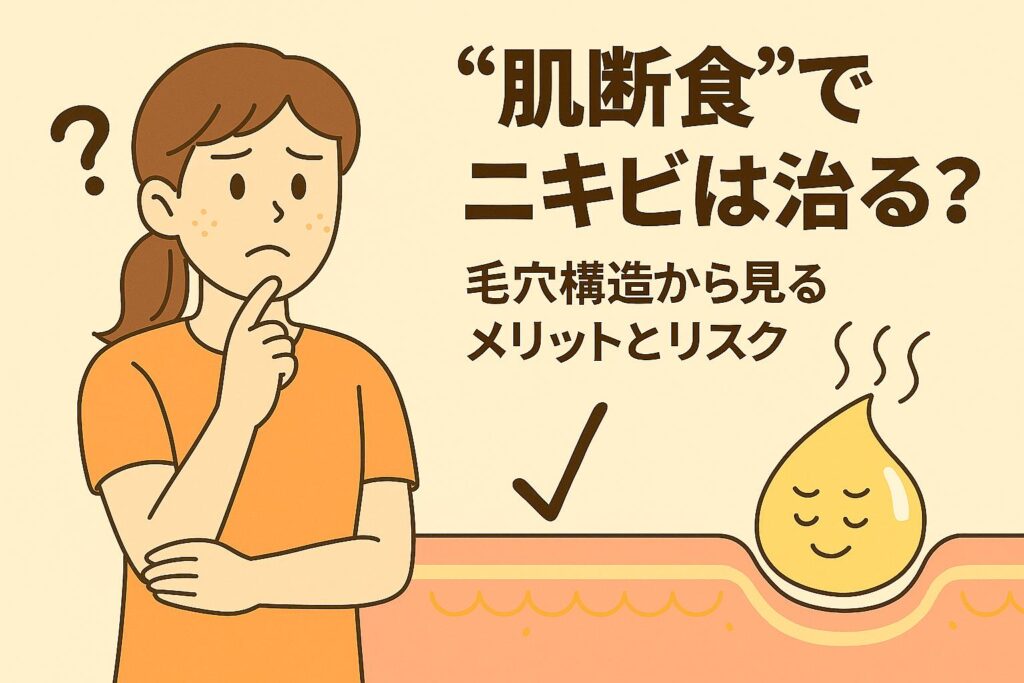 肌断食について考える女性が顎に手を当てて悩んでいる様子。毛穴断面では、整った皮脂キャラクターが穏やかに座っており、肌断食のメリットとリスクを毛穴構造の視点から示す日本の2Dアニメ風イラスト。
