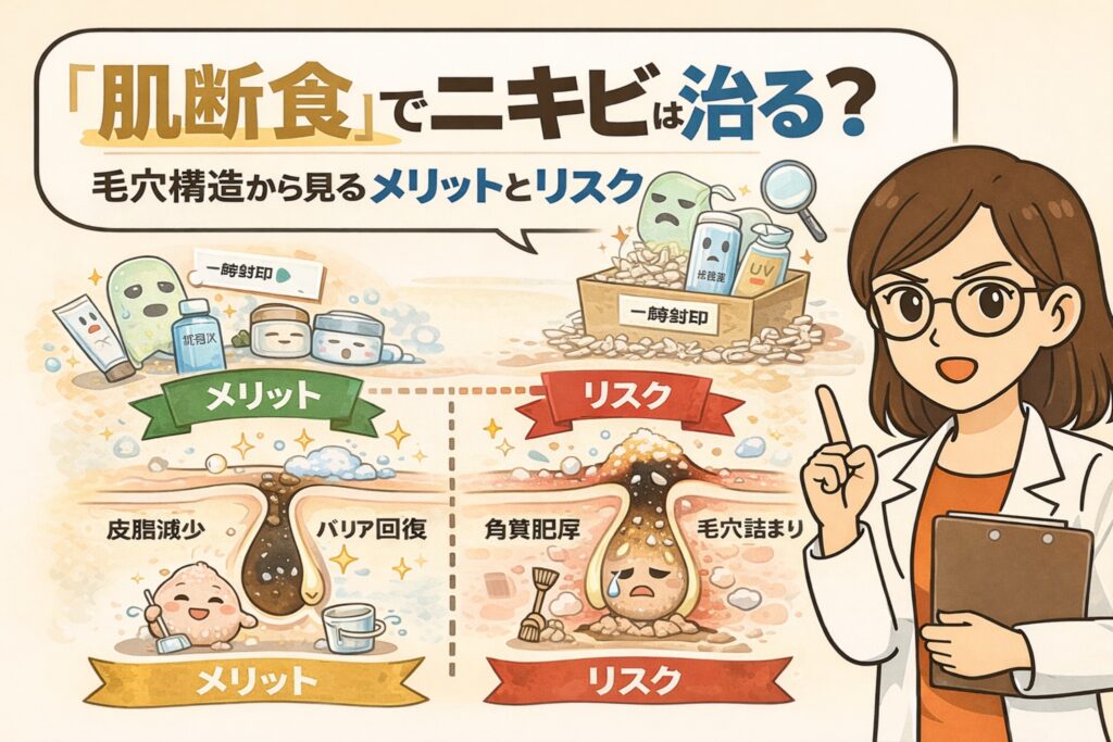 「肌断食」でニキビは治るのかを、毛穴構造の視点からメリットとリスクに分けて解説したイラスト。皮脂分泌の低下やバリア回復といった利点と、角質肥厚や毛穴詰まりを招く可能性というリスクを、毛穴断面図と比較構図で分かりやすく示している。