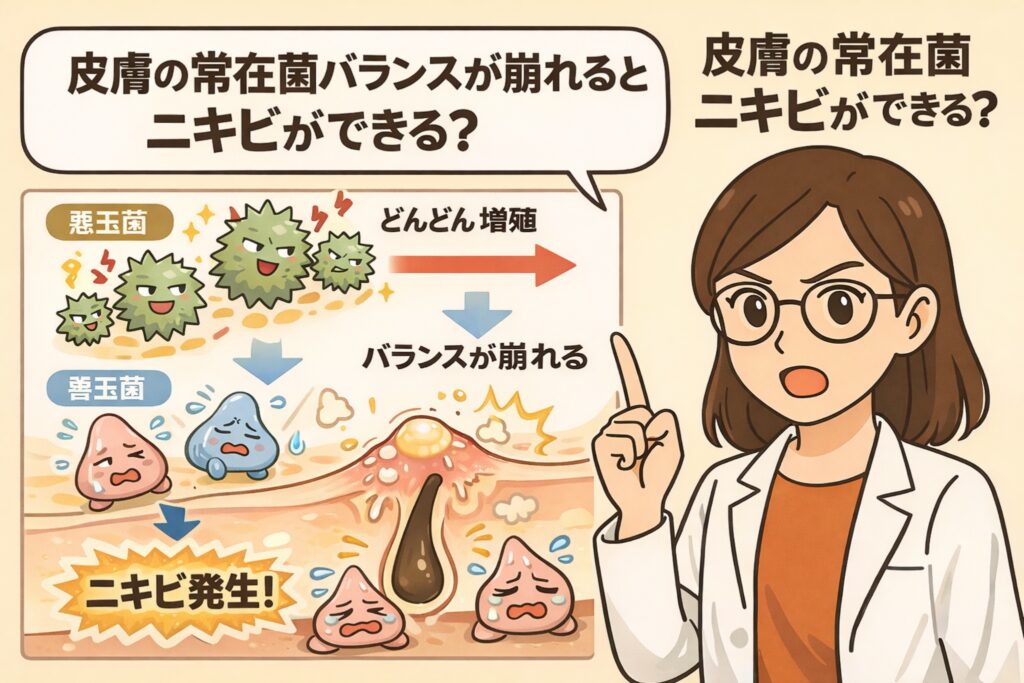 皮膚の常在菌バランスが崩れることでニキビが発生する仕組みを解説したイラスト。悪玉菌が増殖し、善玉菌とのバランスが乱れることで毛穴内に炎症が起こりニキビが生じる過程を、菌の擬人化キャラクターと断面図、白衣の女性解説者が分かりやすく説明している。
