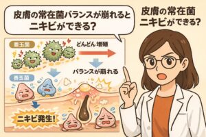 皮膚の常在菌バランスが崩れることでニキビが発生する仕組みを解説したイラスト。悪玉菌が増殖し、善玉菌とのバランスが乱れることで毛穴内に炎症が起こりニキビが生じる過程を、菌の擬人化キャラクターと断面図、白衣の女性解説者が分かりやすく説明している。