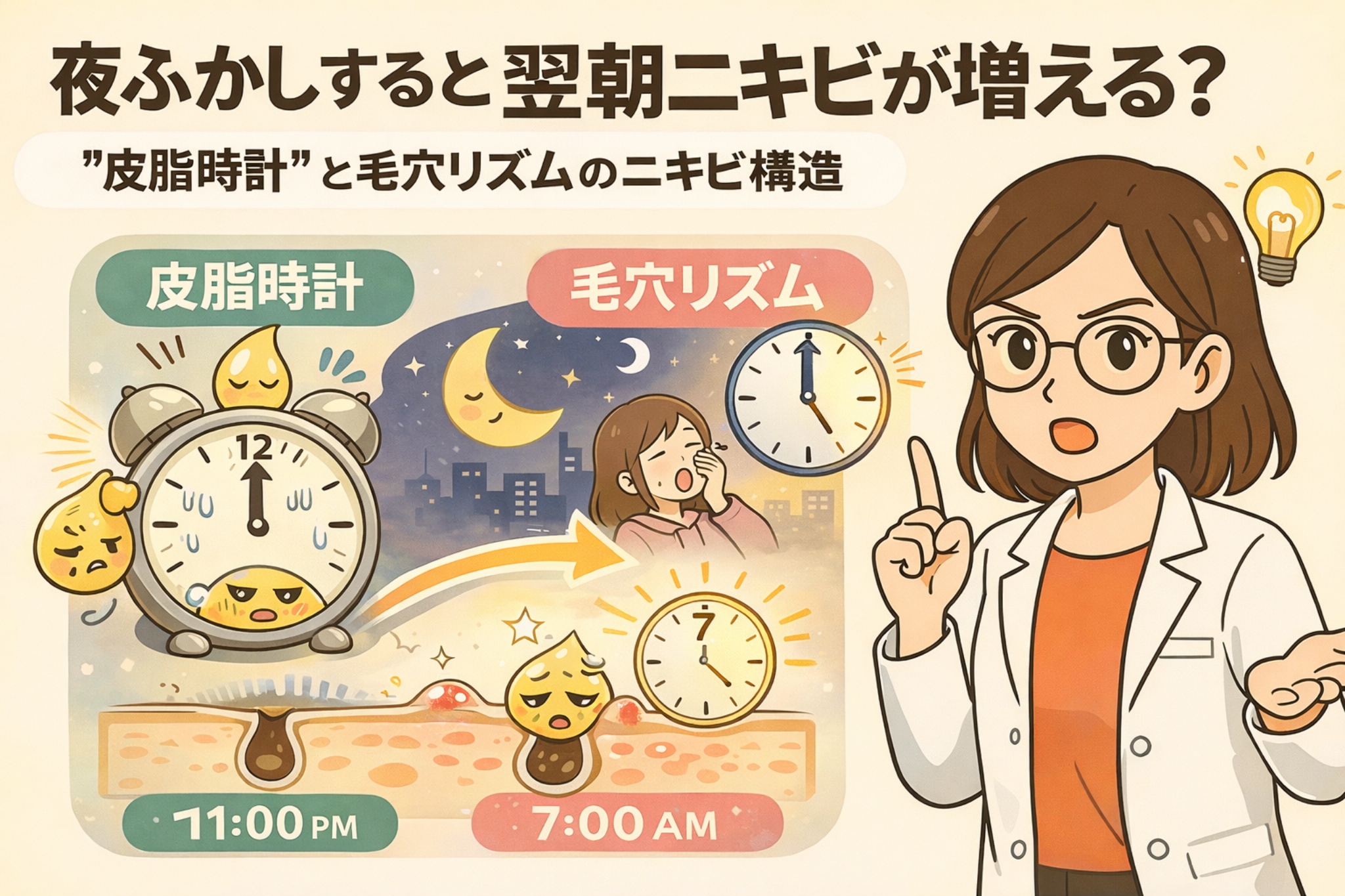夜ふかしが翌朝のニキビ増加につながる仕組みを、「皮脂時計」と「毛穴リズム」という視点で解説した図解イラスト。夜間の皮脂分泌リズムの乱れにより、就寝中から朝にかけて毛穴内に皮脂が滞留し、詰まりや炎症が起こりやすくなる様子を、時計・月と太陽・毛穴断面の擬人化キャラクターで視覚的に表現している。