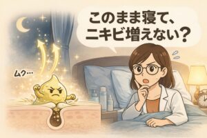 スキンケアをせずにそのまま寝るとニキビが増える可能性があることを示した図解イラスト。左側には、夜の間に皮脂が毛穴から押し上げられ、活発化している様子を表す擬人化キャラクターと毛穴断面が描かれている。右側では、ベッドの上で考え込む白衣を着た女性が「このまま寝て、ニキビ増えない？」と悩んでいる。就寝中の皮脂分泌やケア不足が、翌日の肌トラブルにつながる可能性を夜のシーンで分かりやすく表現している。