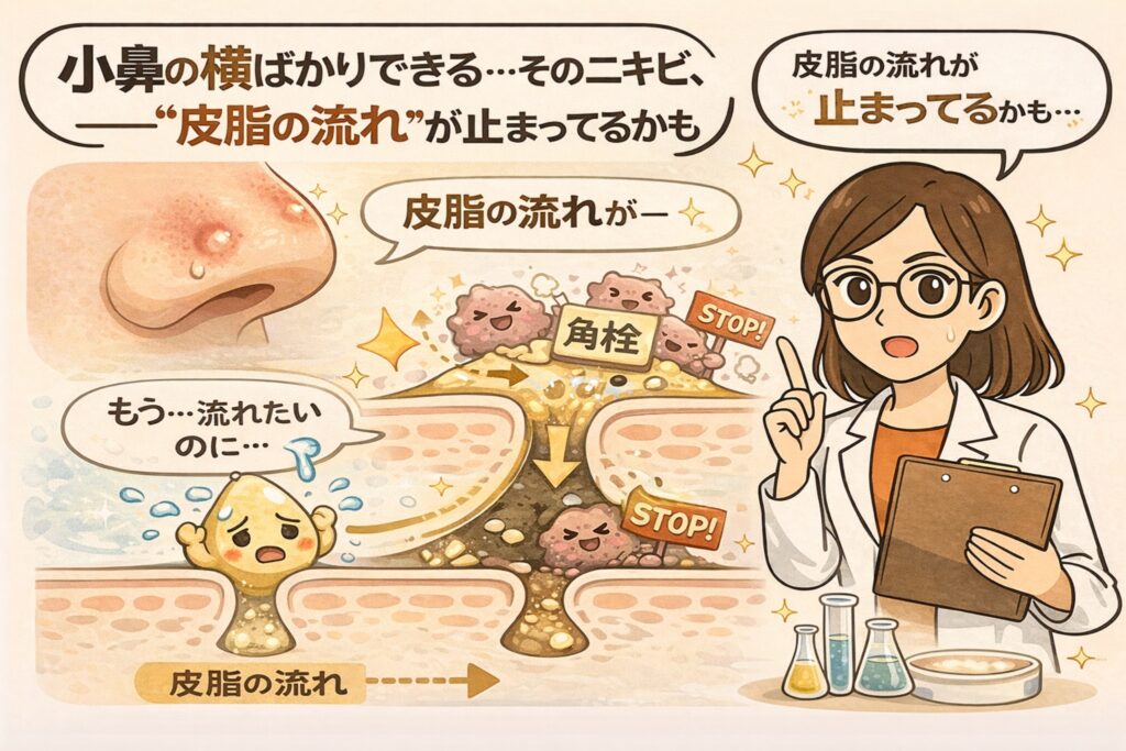 小鼻の横に繰り返しできるニキビの原因として、「皮脂の流れ」が角栓によって止まっている可能性を解説した図解イラスト。小鼻の赤みアップと、毛穴内部で皮脂が流れたくても詰まりに阻まれている様子を毛穴断面図で示し、白衣の女性が注意喚起している。