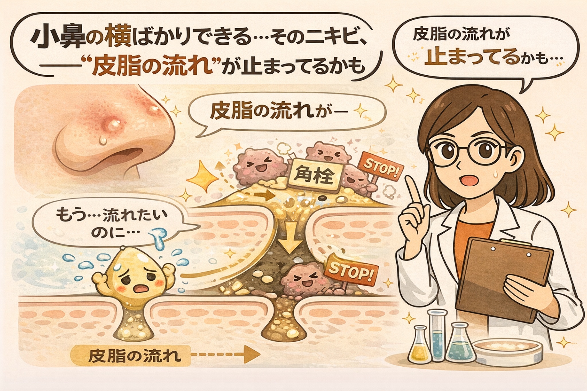 小鼻の横に繰り返しできるニキビの原因として、「皮脂の流れ」が角栓によって止まっている可能性を解説した図解イラスト。小鼻の赤みアップと、毛穴内部で皮脂が流れたくても詰まりに阻まれている様子を毛穴断面図で示し、白衣の女性が注意喚起している。