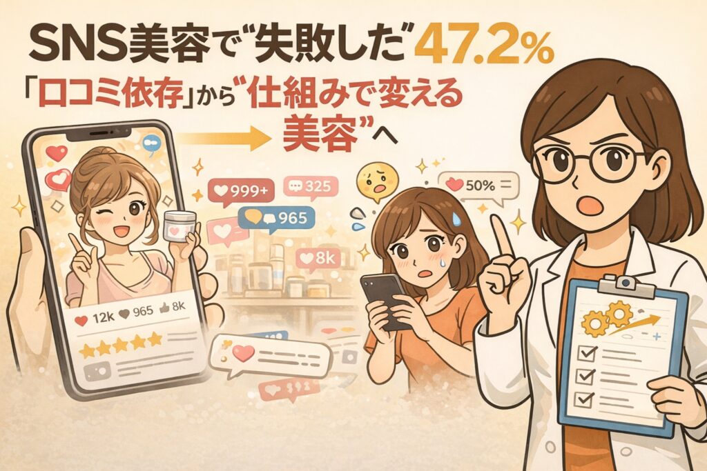 SNS美容で失敗した人が47.2％いることを示し、口コミ依存の危うさを解説するイラスト。左側では「いいね」やレビュー数が多いSNS投稿に影響されて商品を選ぶ様子が描かれ、中央では情報過多に戸惑う女性がスマートフォンを見つめている。右側では白衣姿の女性がチェックリストを持ち、仕組みや構造で美容を考える重要性を提案している。