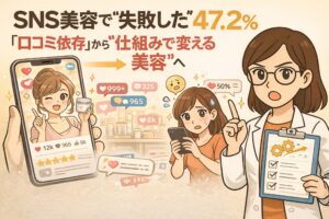 SNS美容で失敗した人が47.2％いることを示し、口コミ依存の危うさを解説するイラスト。左側では「いいね」やレビュー数が多いSNS投稿に影響されて商品を選ぶ様子が描かれ、中央では情報過多に戸惑う女性がスマートフォンを見つめている。右側では白衣姿の女性がチェックリストを持ち、仕組みや構造で美容を考える重要性を提案している。