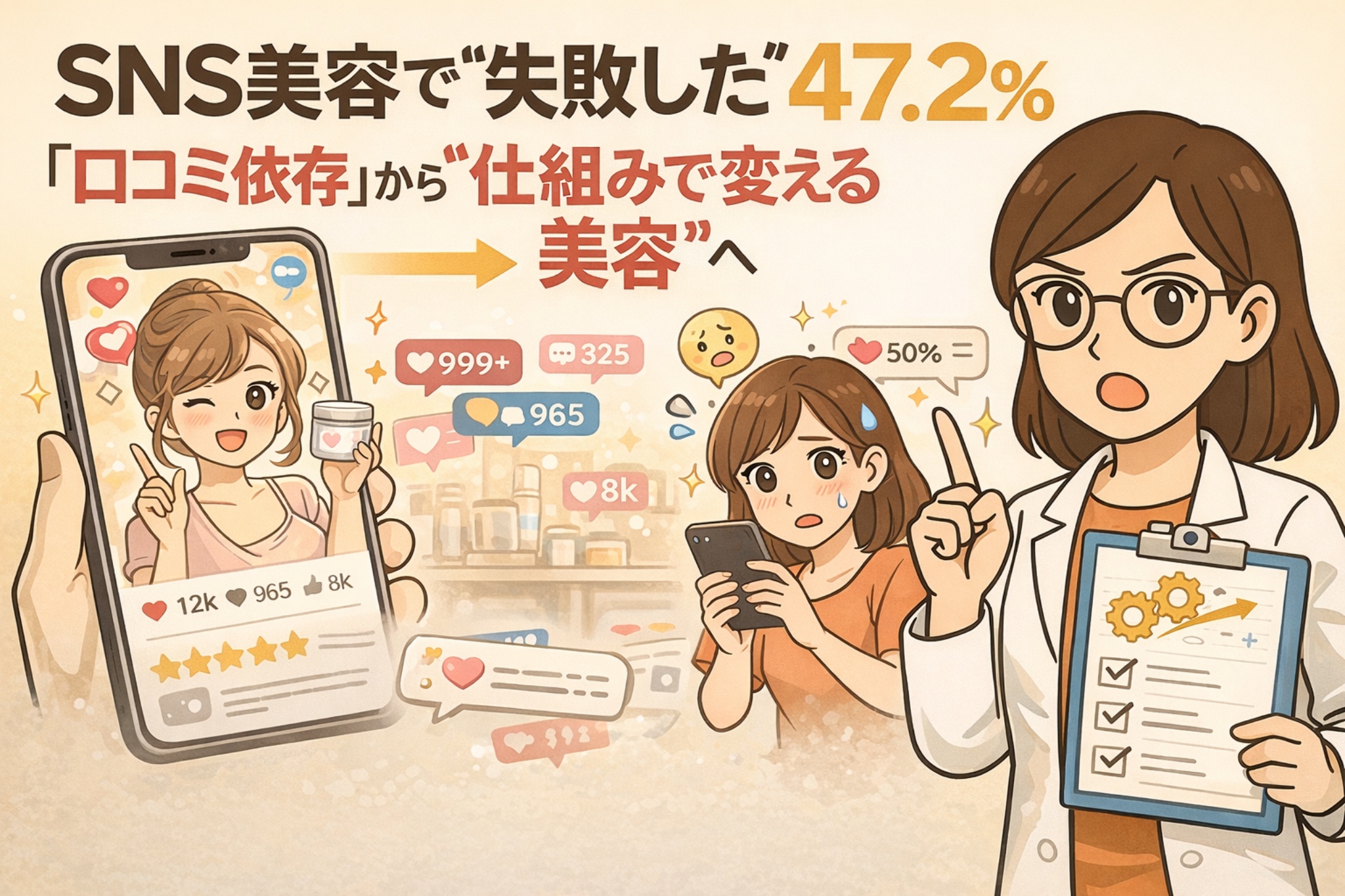 SNS美容で失敗した人が47.2％いることを示し、口コミ依存の危うさを解説するイラスト。左側では「いいね」やレビュー数が多いSNS投稿に影響されて商品を選ぶ様子が描かれ、中央では情報過多に戸惑う女性がスマートフォンを見つめている。右側では白衣姿の女性がチェックリストを持ち、仕組みや構造で美容を考える重要性を提案している。