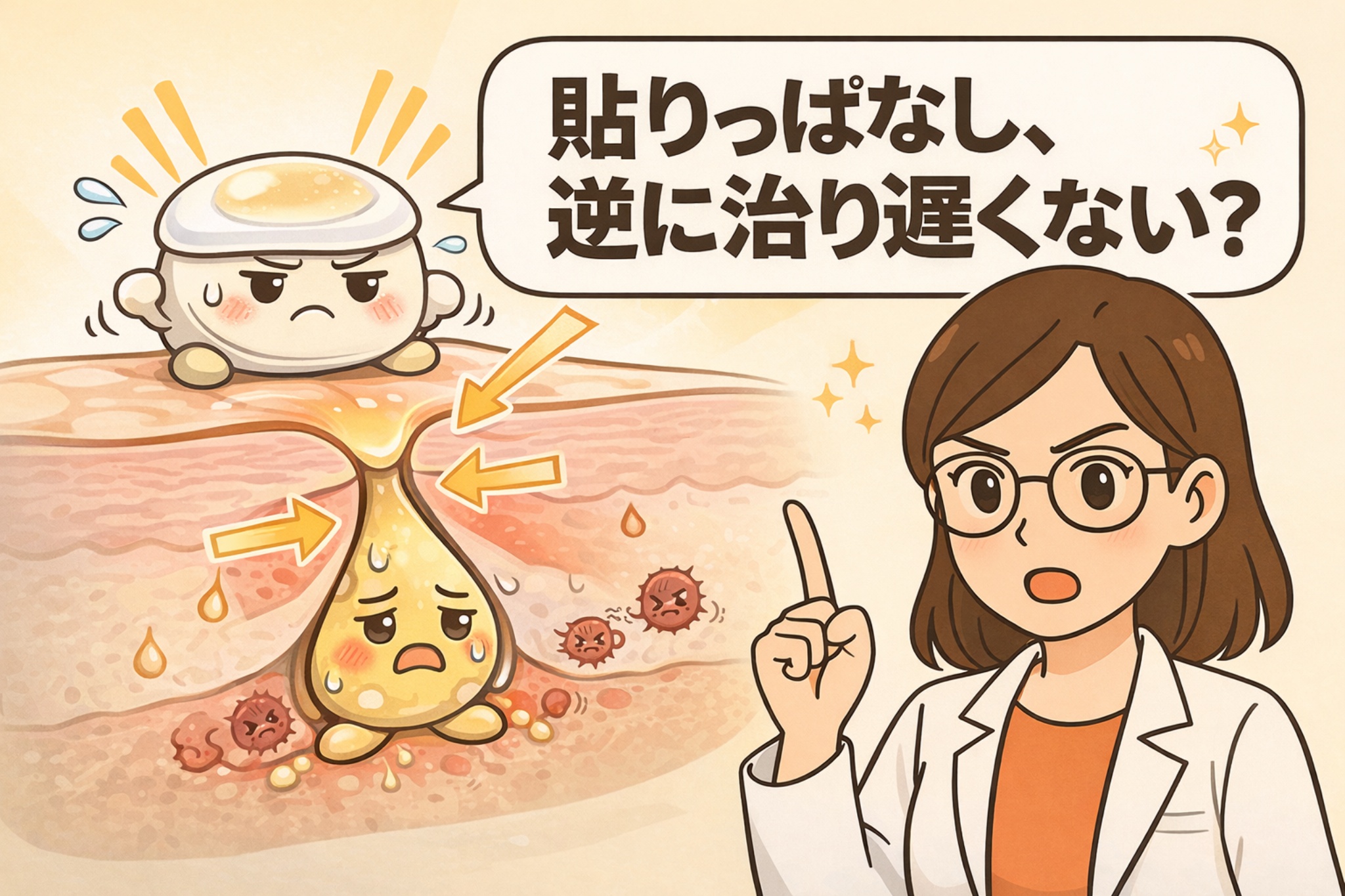 毛穴パックで角栓を引き抜かれ、ダメージを受けた毛穴断面のイラスト。皮脂が無理に引き伸ばされ炎症が起きている様子を、白衣で眼鏡の女性が指差しながら「貼りっぱなし、逆に治り遅くない？」と解説している構図。