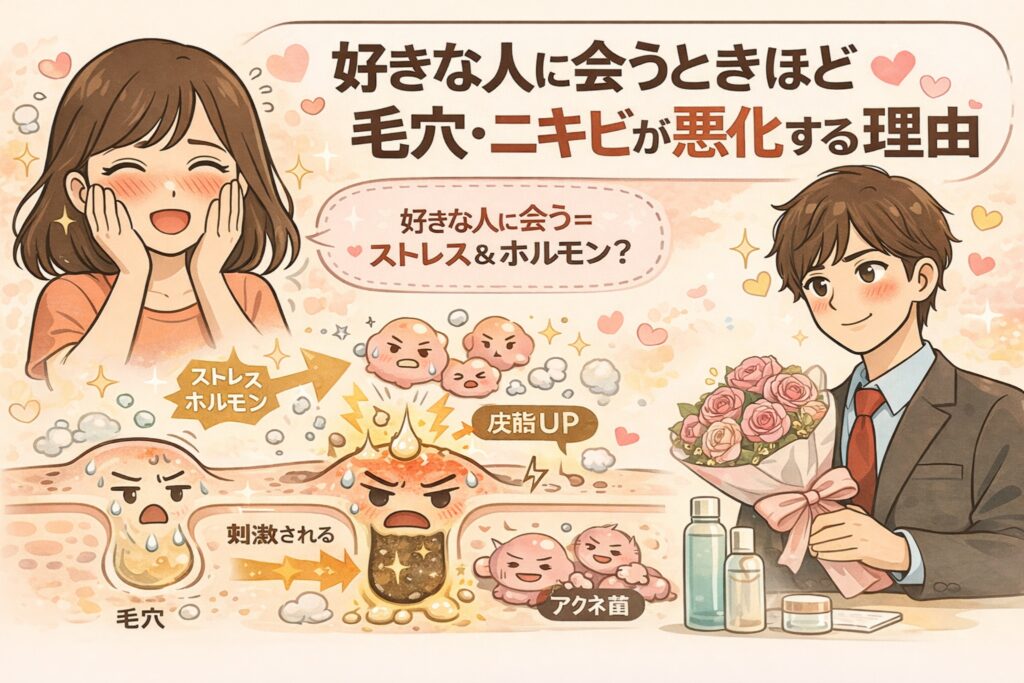 好きな人に会うときに毛穴やニキビが悪化しやすい理由を解説するイラスト。恋をして照れる女性と花束を持つ男性の場面を背景に、ストレスやホルモン変化によって皮脂分泌が増え、毛穴が刺激されてニキビ菌が増えやすくなる仕組みを、毛穴断面図とキャラクターでわかりやすく表現している。