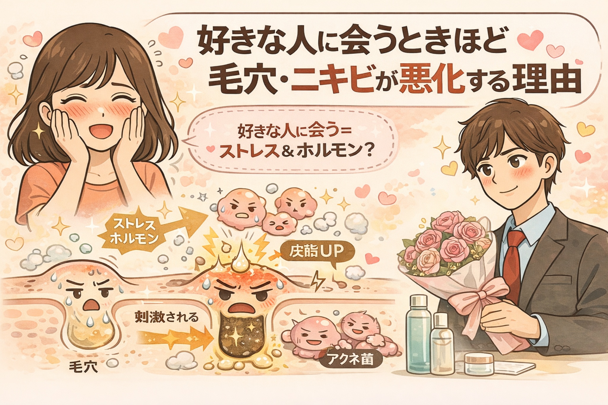 好きな人に会うときに毛穴やニキビが悪化しやすい理由を解説するイラスト。恋をして照れる女性と花束を持つ男性の場面を背景に、ストレスやホルモン変化によって皮脂分泌が増え、毛穴が刺激されてニキビ菌が増えやすくなる仕組みを、毛穴断面図とキャラクターでわかりやすく表現している。