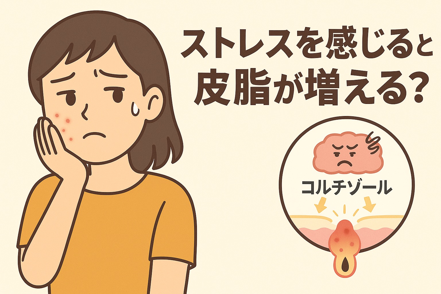 ストレスと皮脂分泌の関係を描いたイラスト。頬に赤いニキビがある女性が不安そうな表情で顔を触っている。右下の毛穴断面図には「コルチゾール」と書かれた脳のキャラクターが描かれ、ストレスホルモンの作用で皮脂分泌が促進され、毛穴が詰まり炎症を起こしている様子が示されている。テキストには「ストレスを感じると皮脂が増える?」と記載されている。