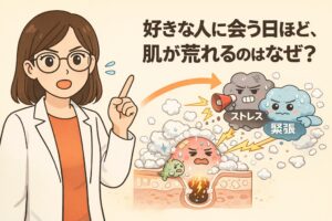 好きな人に会うなど大事な日ほど肌が荒れやすくなる理由を解説する図解イラスト。左側には白衣を着た女性の専門家が指を立てて説明している。右側には「ストレス」「緊張」と書かれた雲状のキャラクターが雷や拡声器で刺激を与え、毛穴断面では皮脂分泌や炎症が強まって肌トラブルが起きている様子が描かれている。心理的ストレスが皮脂や炎症反応を通じて肌荒れにつながる流れを視覚的に表現している。