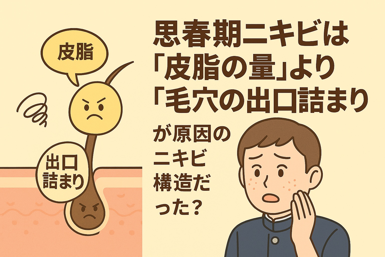思春期ニキビの原因を解説するイラスト。学生服を着た男子が頬のニキビを気にしている。左側には「皮脂」と書かれた吹き出しと、毛穴の中で「出口詰まり」と書かれた部分が皮脂をせき止めている構造図が描かれている。テキストには「思春期ニキビは『皮脂の量』より『毛穴の出口詰まり』が原因のニキビ構造だった?」と書かれている。