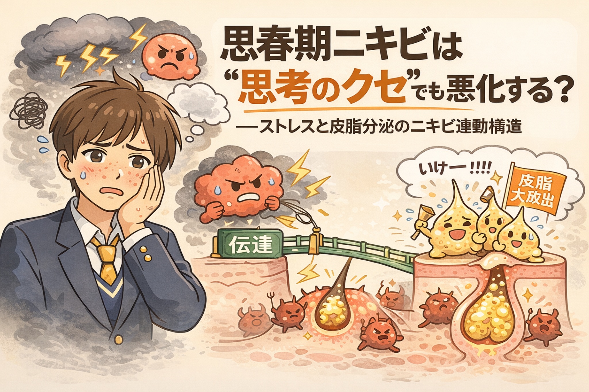 思春期ニキビがストレスや「思考のクセ」によって悪化する仕組みを解説する図解イラスト。悩む学生の表情と、ストレスが神経伝達を通じて皮脂分泌を増やし、ニキビを悪化させる連動構造を擬人化キャラクターと毛穴断面で表現している。