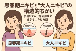 思春期ニキビと大人ニキビの構造的な違いをテーマにしたイラスト。左の思春期女性は頬のニキビを気にしており、右の大人女性はあごのニキビを気にしている。中央の図には「皮脂リズム」と「毛穴周期」という2種類の毛穴構造が描かれ、皮脂の過剰分泌とターンオーバー周期の違いを示している。テキストには「思春期ニキビと“大人ニキビ”の構造的ちがい　皮脂リズムと毛穴周期で分かるニキビ分類」と記載されている。
