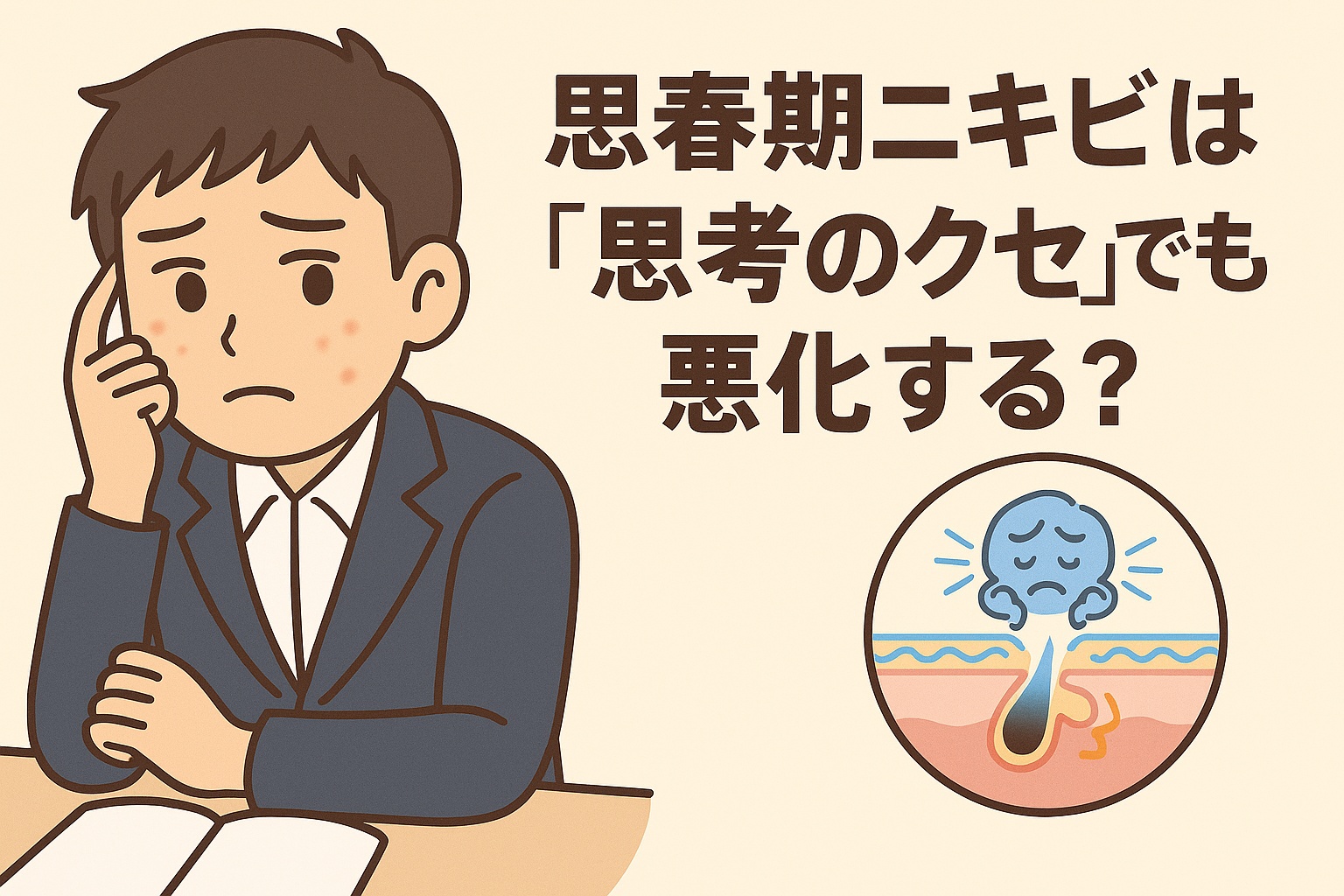 思春期ニキビと「考え方のクセ」の関係を描いたイラスト。机に座る男子学生が頬のニキビを気にしながら、考え込むような表情をしている。右下の毛穴断面図では、青いキャラクターがストレスを感じている様子で描かれ、心理的要因が皮脂や炎症に影響することを示している。テキストには「思春期ニキビは『思考のクセ』でも悪化する?」と記載されている。