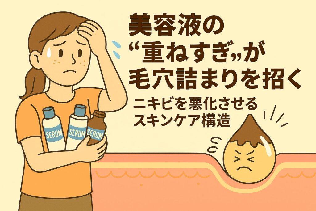 美容液を何本も抱えて困惑する女性と、毛穴をふさがれた皮脂キャラクターが苦しそうな表情を浮かべる様子。美容液の重ねすぎが毛穴詰まりやニキビ悪化を引き起こす構造を示した日本の2Dアニメ風イラスト。