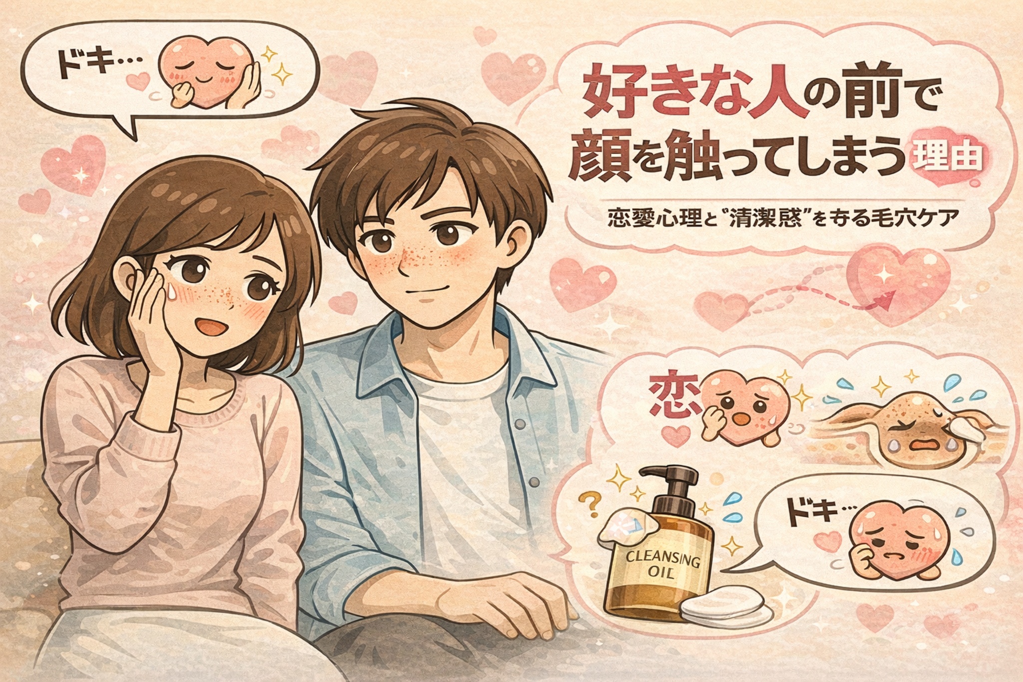 好きな人の前で無意識に顔を触ってしまう理由を、恋愛心理と清潔感の視点から解説したイラスト。並んで座る男女と、ドキドキする気持ちを表すハートの擬人化、顔に触れるしぐさによる毛穴トラブルのリスクを示し、クレンジングや洗顔による清潔な毛穴ケアの重要性をやさしく伝えている。