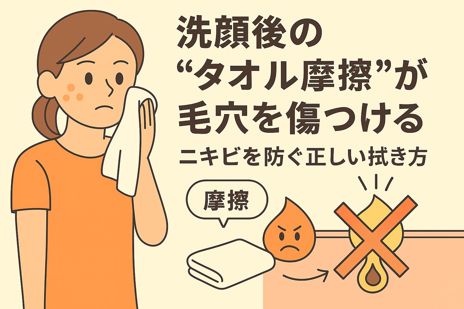 洗顔後のタオル摩擦による毛穴ダメージを説明する教育的イラスト。女性が顔を拭く様子と、強い摩擦で毛穴が傷つくNG例を断面図で示し、正しい拭き方の重要性を伝えている。