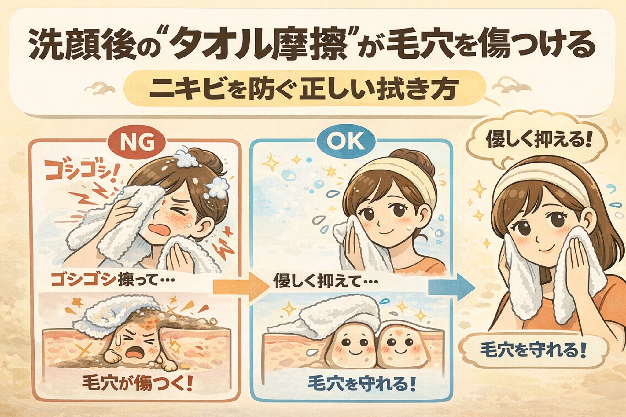 洗顔後のタオル摩擦が毛穴を傷つけ、ニキビの原因になることを解説するイラスト。左側ではタオルでゴシゴシ拭くNG例として毛穴が傷つく様子を描き、中央と右側ではタオルを優しく押さえる正しい拭き方（OK）によって毛穴を守れることを、人物と毛穴の断面イラストで分かりやすく示している。