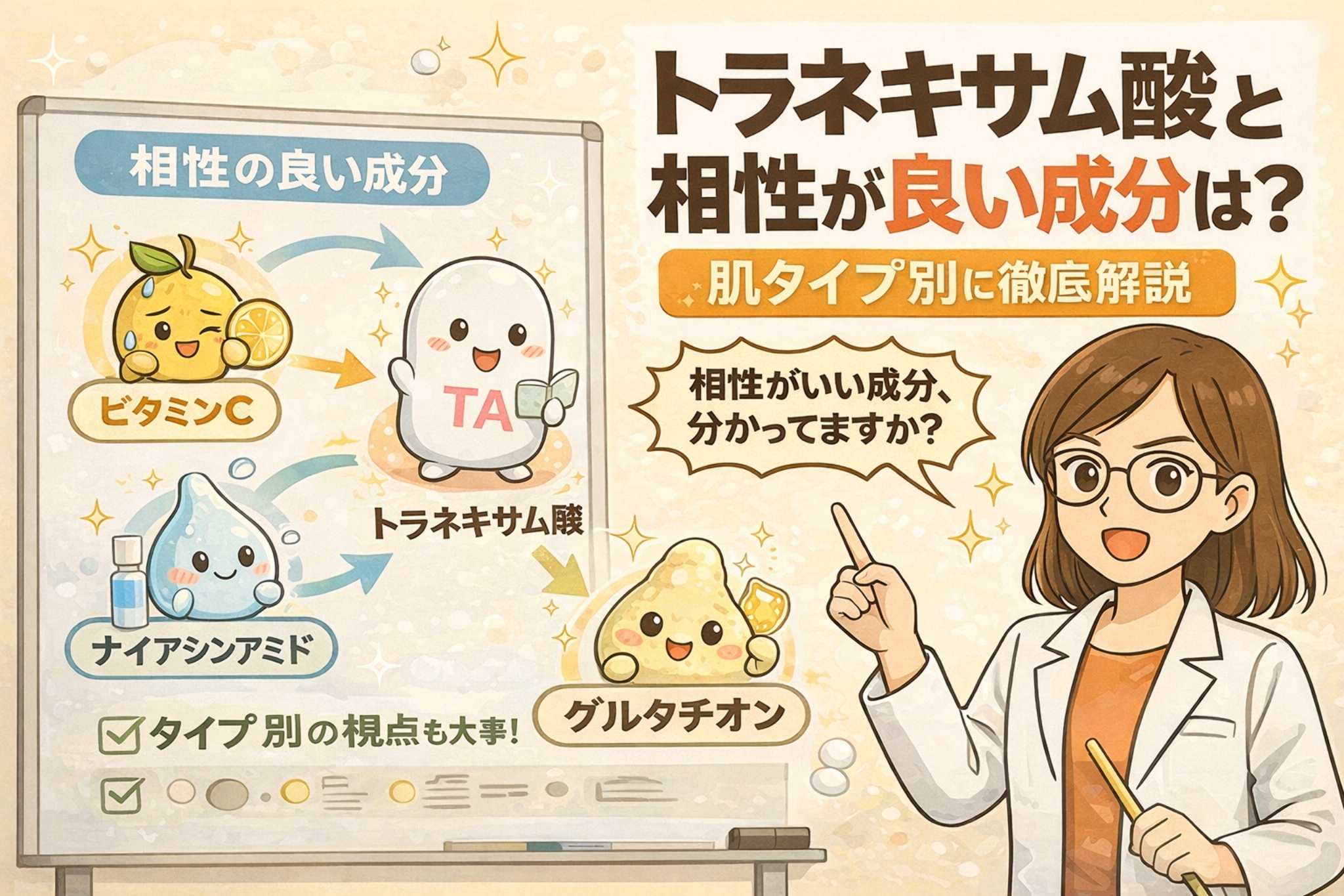 トラネキサム酸と相性の良い成分を肌タイプ別に解説したイラスト。白衣と眼鏡の女性キャラクターが指差しで説明し、ホワイトボードにはビタミンC、ナイアシンアミド、グルタチオンなどの擬人化成分がトラネキサム酸(TA)と相互に組み合わさる様子が図解されている。「相性の良い成分」「肌タイプ別に徹底解説」というテーマを伝える淡いベージュ背景のアイキャッチ。