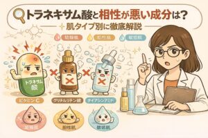 トラネキサム酸と相性が悪い成分を、乾燥肌・脂性肌・敏感肌といった肌タイプ別に解説するイラスト。ビタミンC、グリチルリチン酸、ナイアシンアミドなどの成分を擬人化して注意点を示し、白衣の解説者が組み合わせの考え方をわかりやすく説明している。