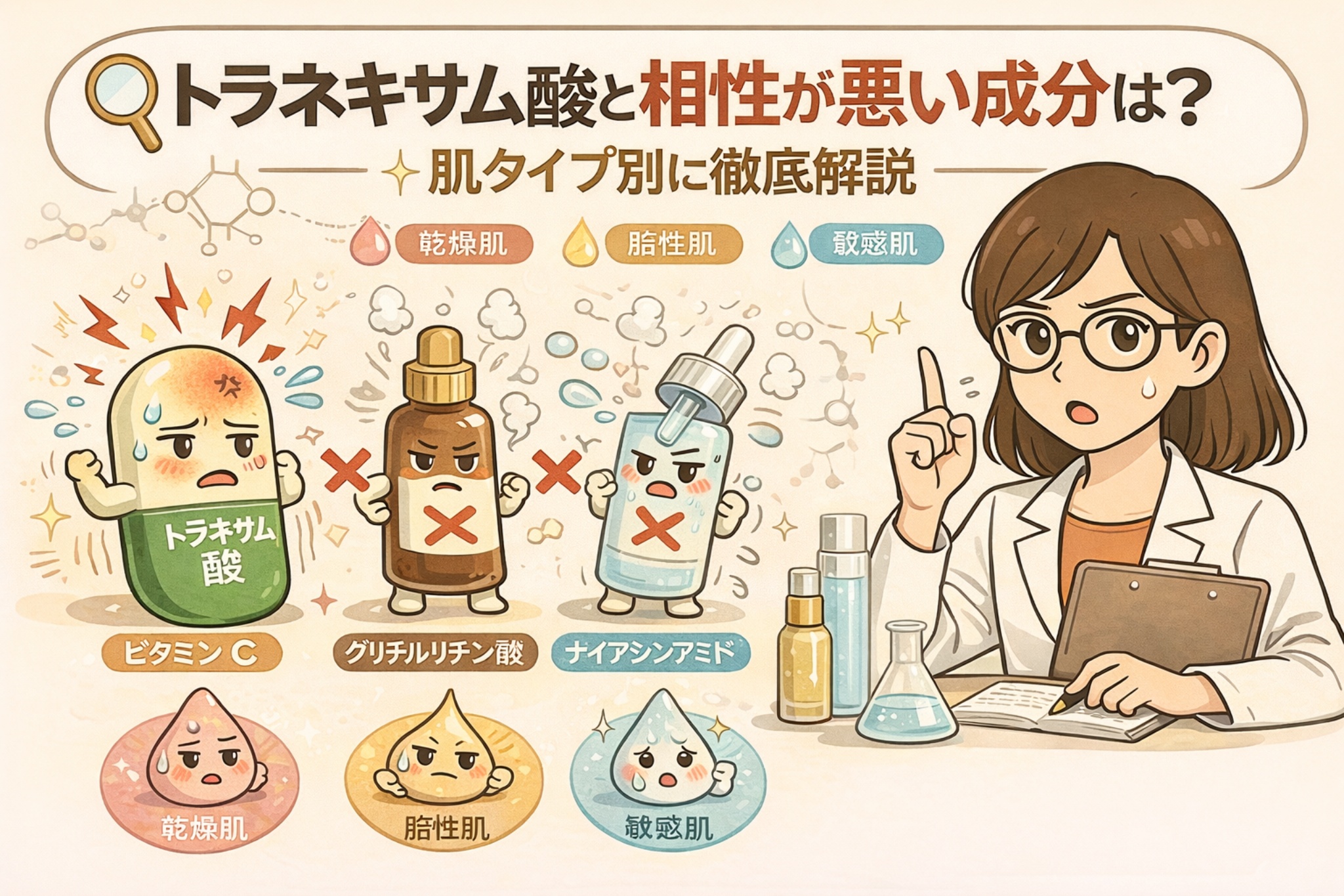 トラネキサム酸と相性が悪い成分を、乾燥肌・脂性肌・敏感肌といった肌タイプ別に解説するイラスト。ビタミンC、グリチルリチン酸、ナイアシンアミドなどの成分を擬人化して注意点を示し、白衣の解説者が組み合わせの考え方をわかりやすく説明している。