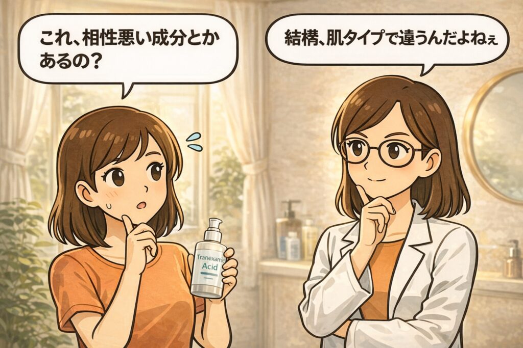 トラネキサム酸と相性が悪い成分があるのかを疑問に思う女性が、美容液ボトルを手に考えているイラスト。白衣で眼鏡の女性が「肌タイプで結構違う」と説明する様子が向かい合って描かれ、併用成分の相性は一律ではなく、肌質ごとの判断が重要であることを示唆するアイキャッチ構図。
