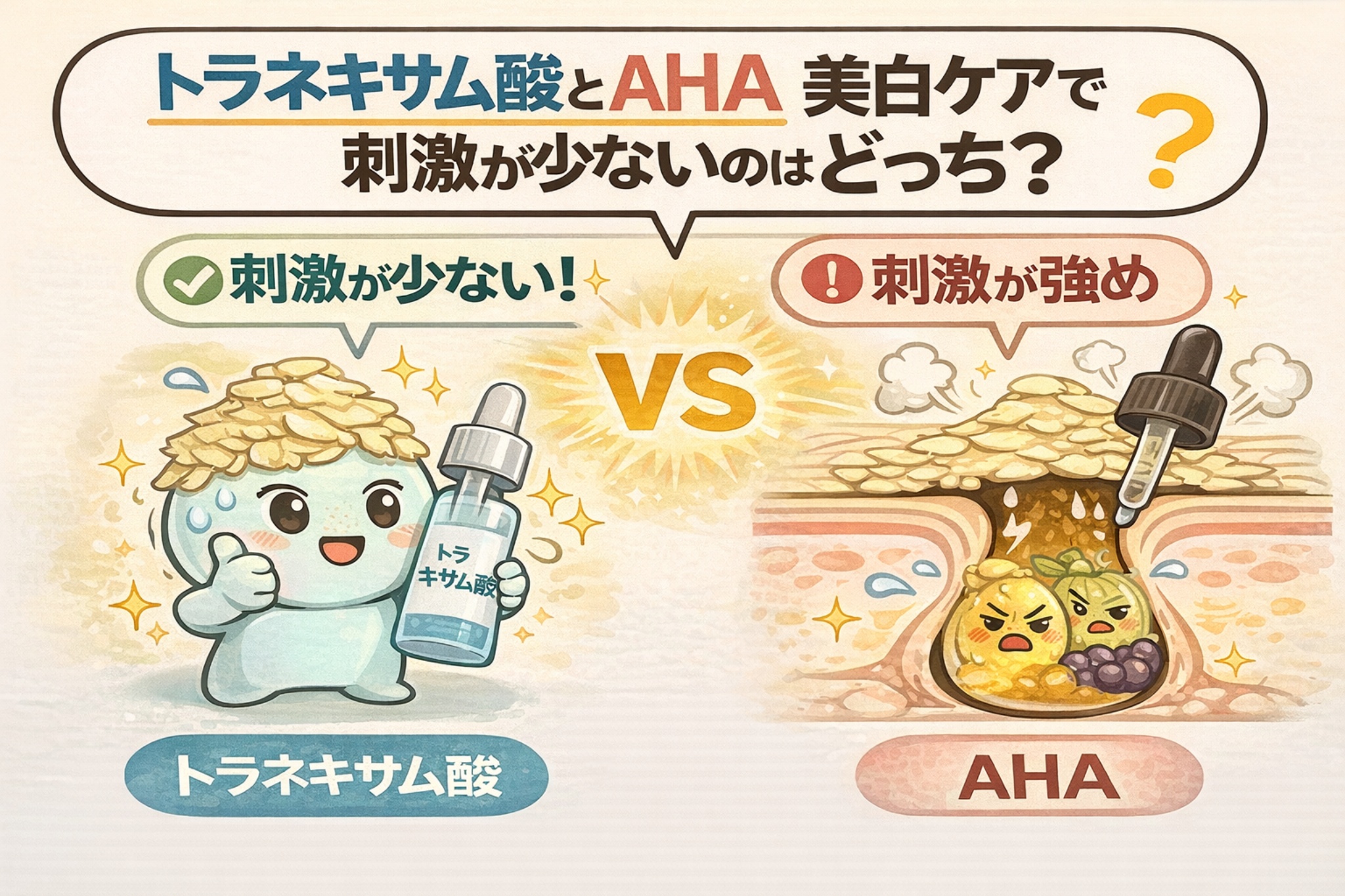 トラネキサム酸とAHAの美白ケアを、刺激の強さで比較したイラスト。左は刺激が少ないトラネキサム酸が角質バリアを保ちながら炎症を抑える様子、右はAHAが角質を剥離し刺激が強くなりやすい状態を毛穴断面図で対比。成分特性の違いを視覚的に分かりやすく説明している。
